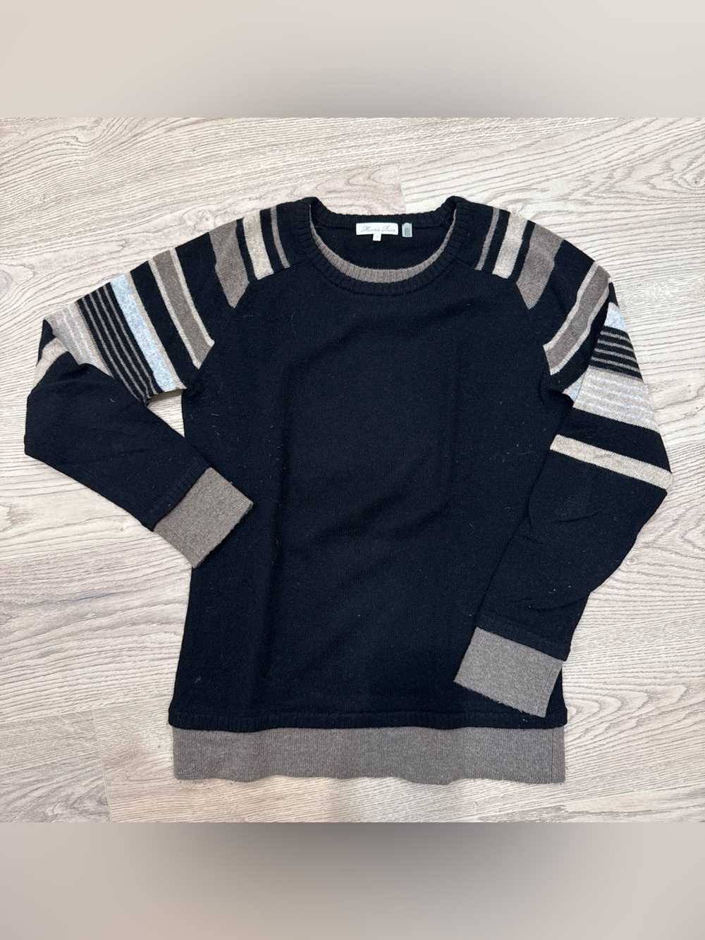 ‘Minnie Rose’ Black Crewneck Sweater with Brown and Gray Striped Sleeves